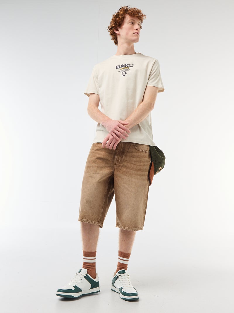 T-shirt girocollo stampato in cotone Beige - Kiabi