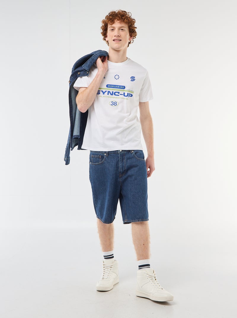 T-shirt imprimé placé en coton uni Blanc - Kiabi