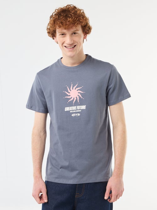 T-shirt imprimé placé en coton uni - Kiabi