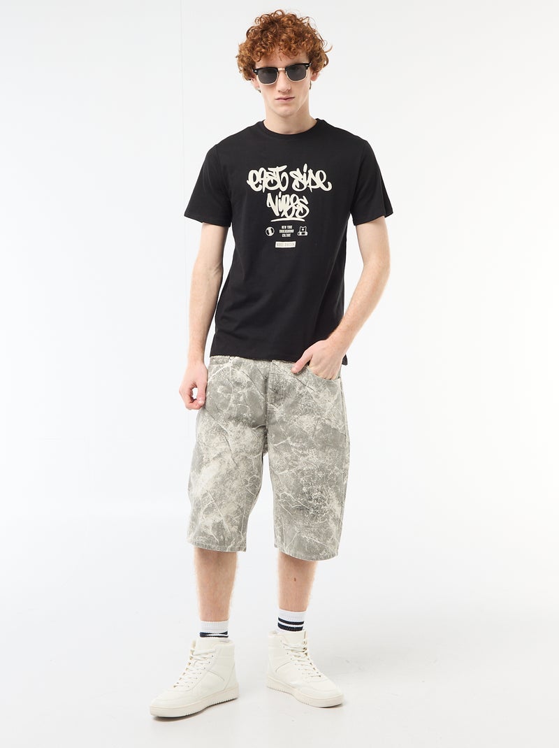 T-shirt imprimé placé en coton uni Noir - Kiabi