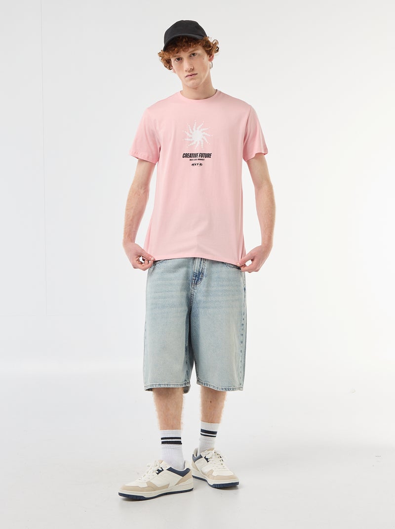 T-shirt imprimé placé en coton uni Rose - Kiabi