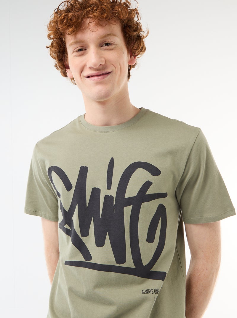 T-shirt imprimé placé en coton uni Vert - Kiabi