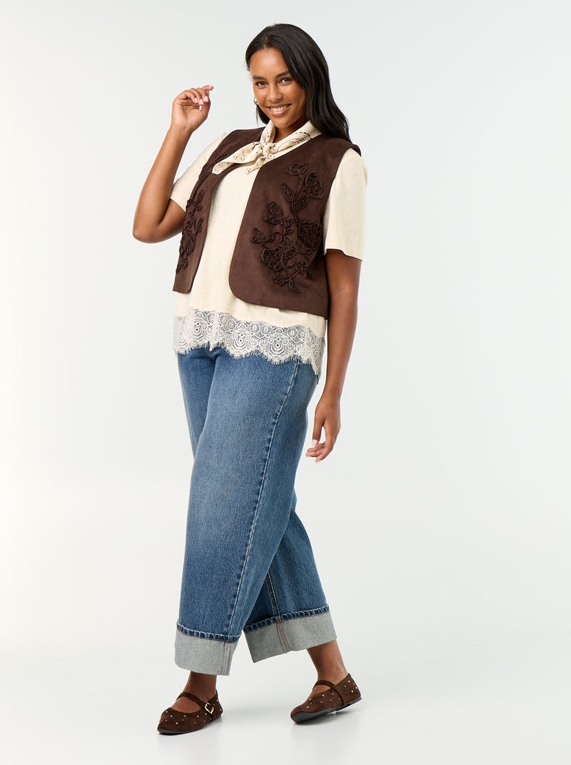 T-shirt in maglia mouliné con bordo in pizzo Beige - Kiabi
