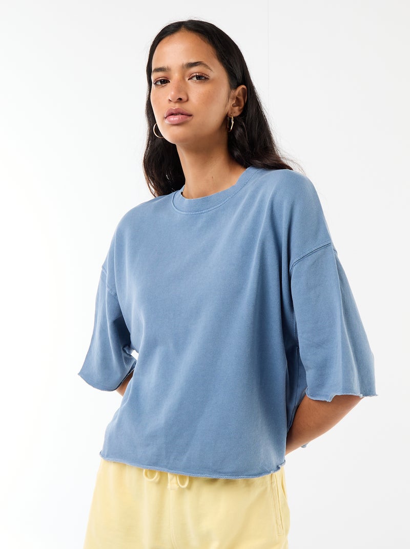 T-shirt manches 3/4 en French Terry Bleu - Kiabi