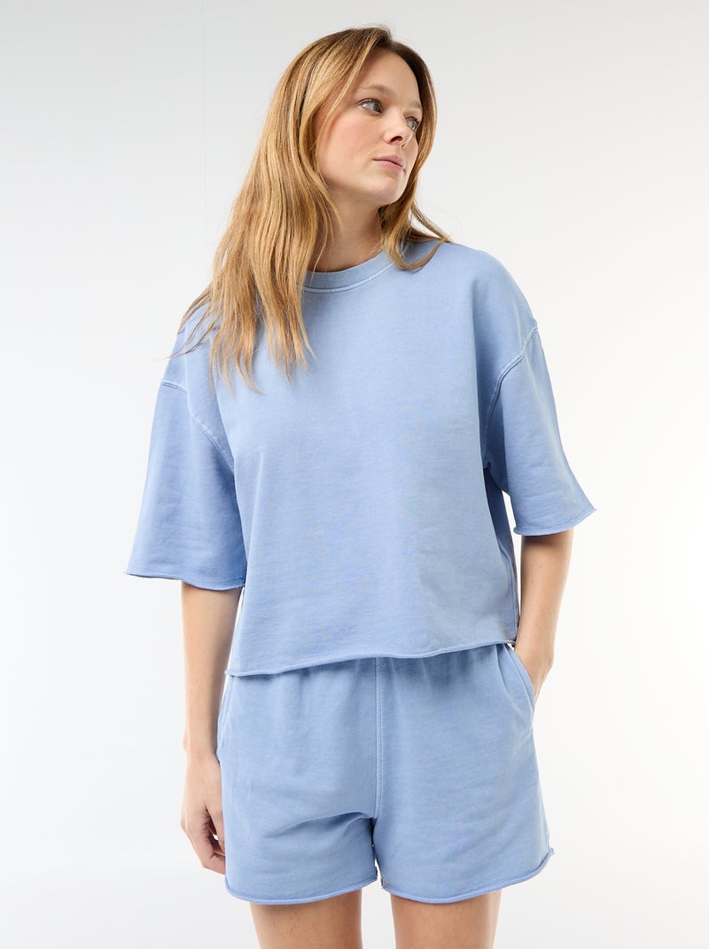 T-shirt manches 3/4 en French Terry Bleu - Kiabi