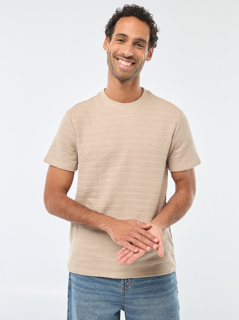 T-shirt manches courtes en maille gaufrée Beige - Kiabi