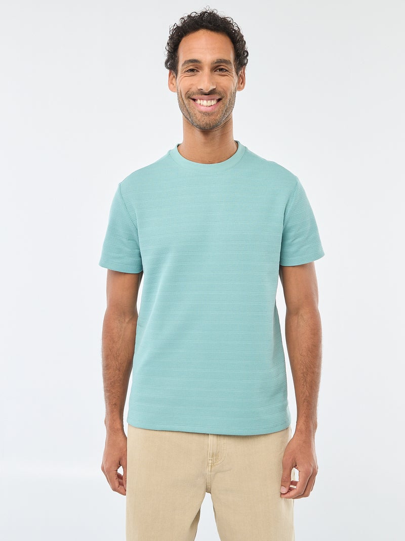 T-shirt manches courtes en maille gaufrée Bleu - Kiabi
