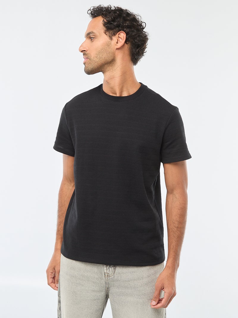T-shirt manches courtes en maille gaufrée Noir - Kiabi