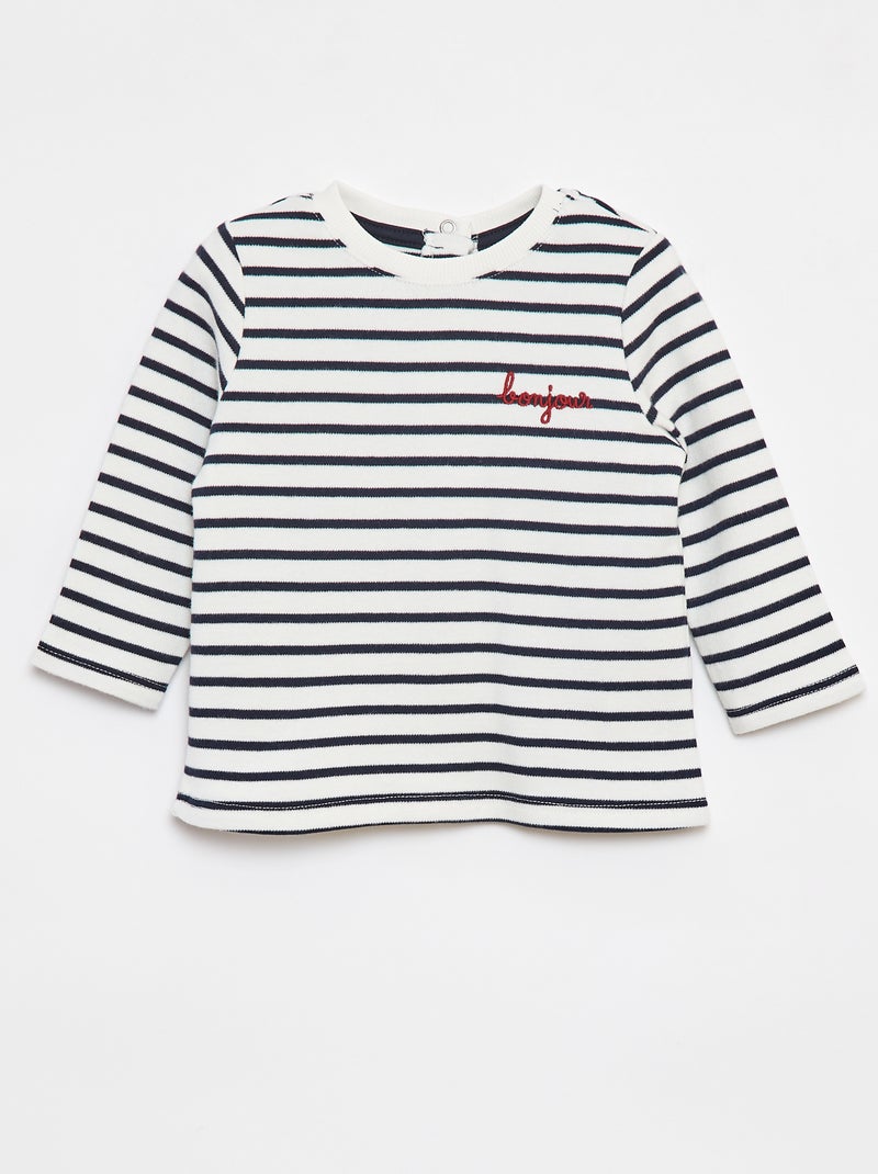 T-shirt manches longues avec 'bonjour' brodé sur la poitrine Blanc - Kiabi