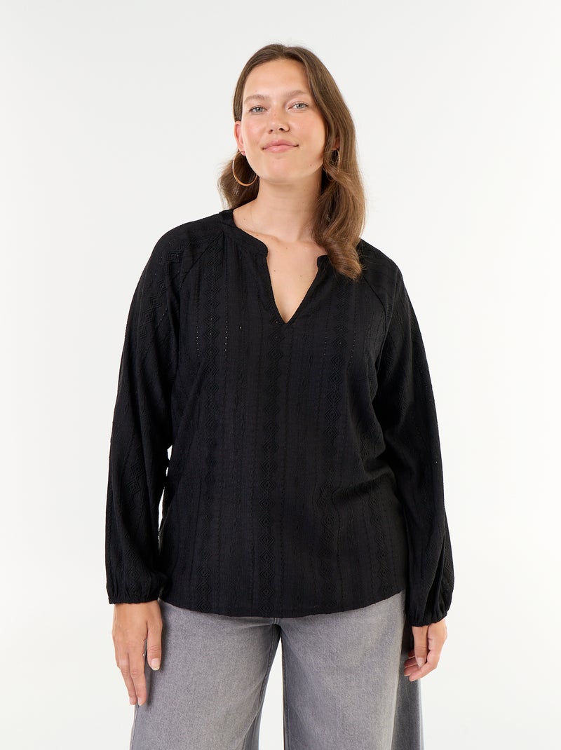 T-shirt manches longues matière ajourée Noir - Kiabi