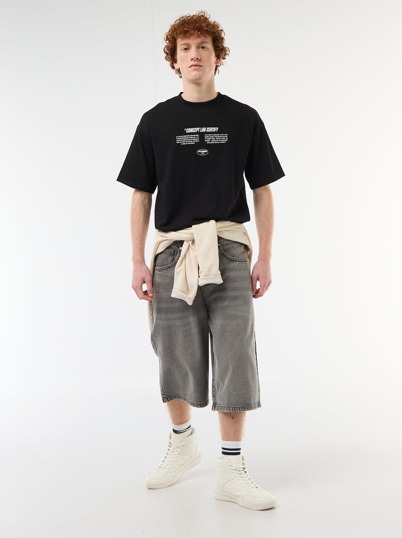 T-Shirt mit Front- und Rückenprint aus unifarbener Baumwolle Schwarz - Kiabi
