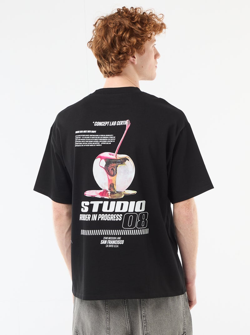 T-Shirt mit Front- und Rückenprint aus unifarbener Baumwolle Schwarz - Kiabi