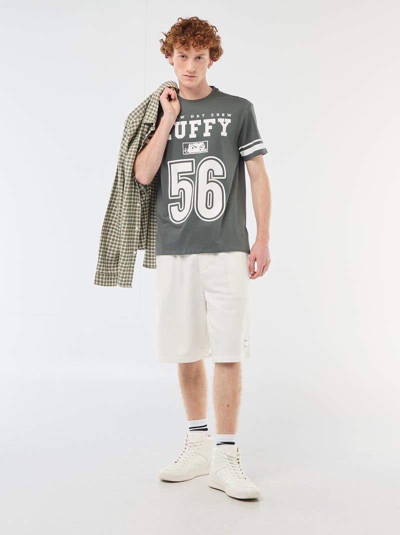 T-Shirt 'One Piece' aus unifarbener Baumwolle mit gestreiften Ärmeln Khaki - Kiabi