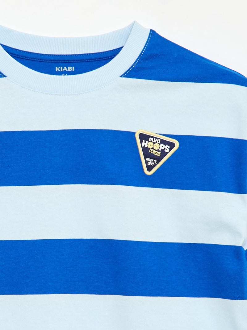 T-shirt rayé manches courtes imprimé devant Bleu - Kiabi