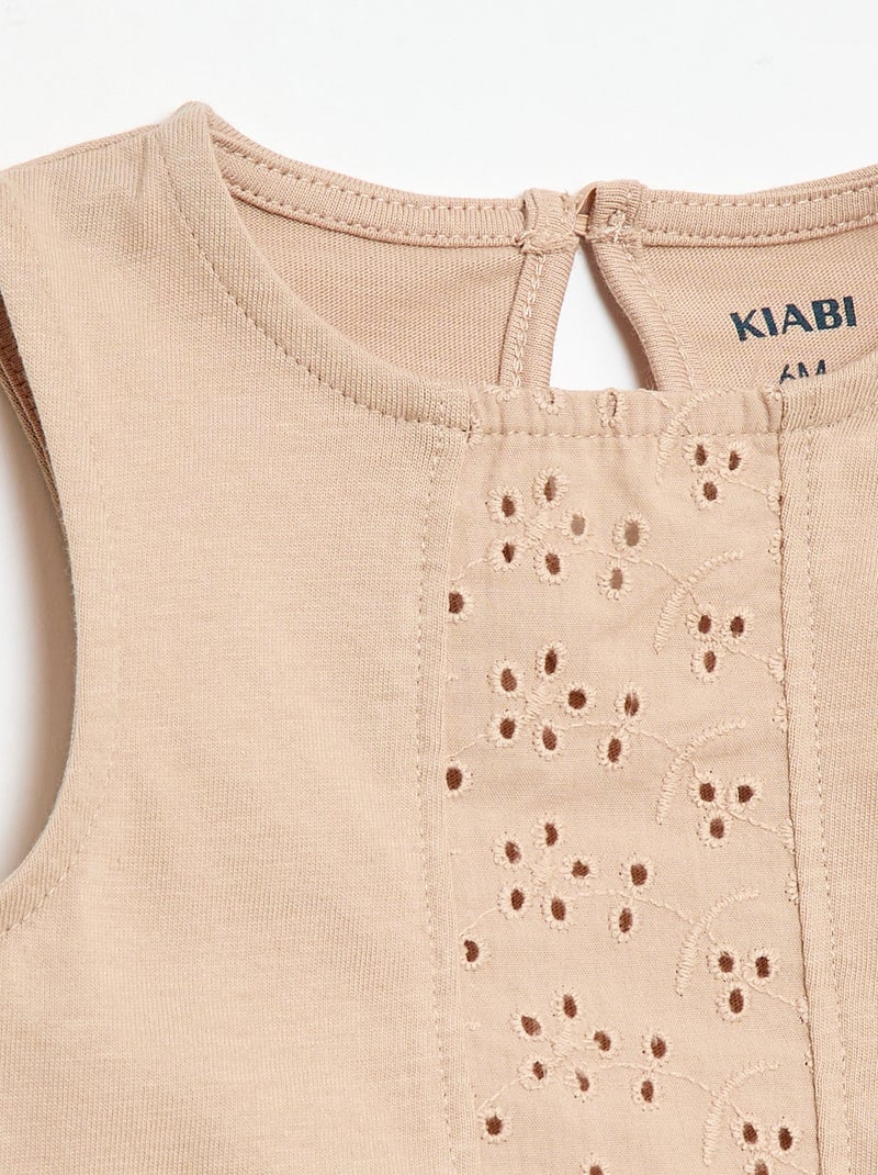 T-shirt sans manches en jersey de coton et détails en broderie anglaise Beige - Kiabi