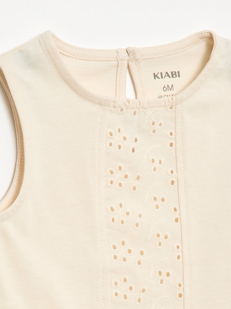 T-shirt sans manches en jersey de coton et détails en broderie anglaise Ecru - Kiabi