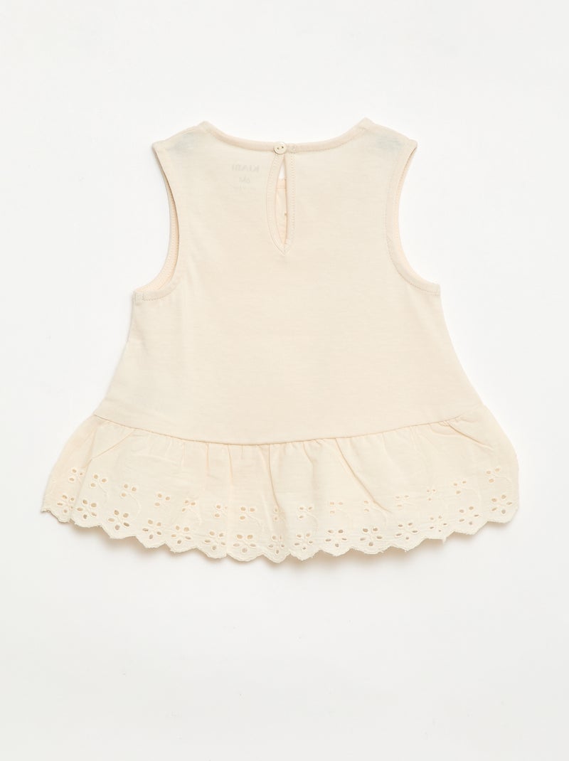 T-shirt sans manches en jersey de coton et détails en broderie anglaise Ecru - Kiabi