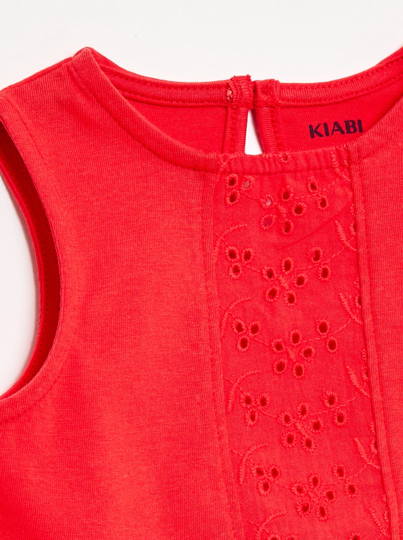 T-shirt sans manches en jersey de coton et détails en broderie anglaise Rouge - Kiabi