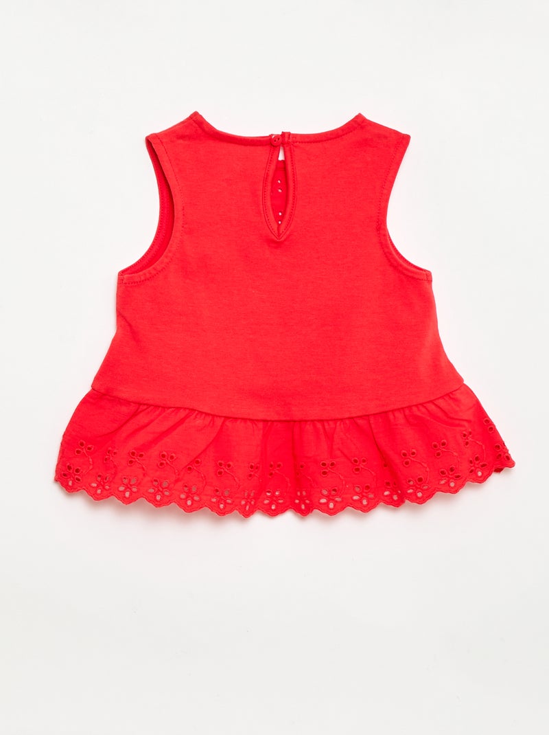 T-shirt sans manches en jersey de coton et détails en broderie anglaise Rouge - Kiabi