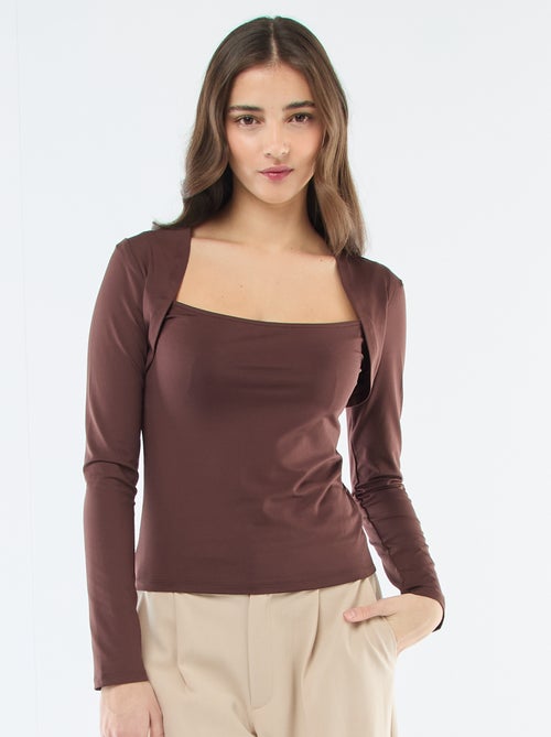 T-shirt stretch uni à manches longues et col carré - Kiabi