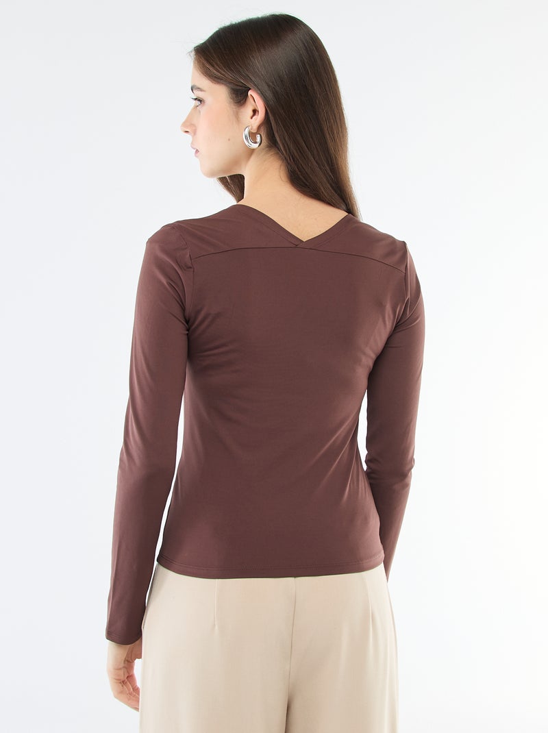 T-shirt stretch uni à manches longues et col carré Marron - Kiabi