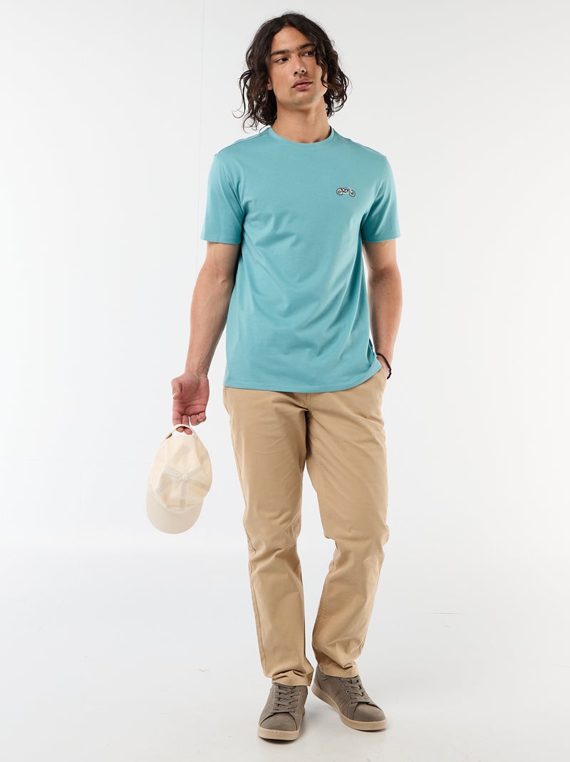 T-shirt uni à manches courtes avec broderie Bleu - Kiabi