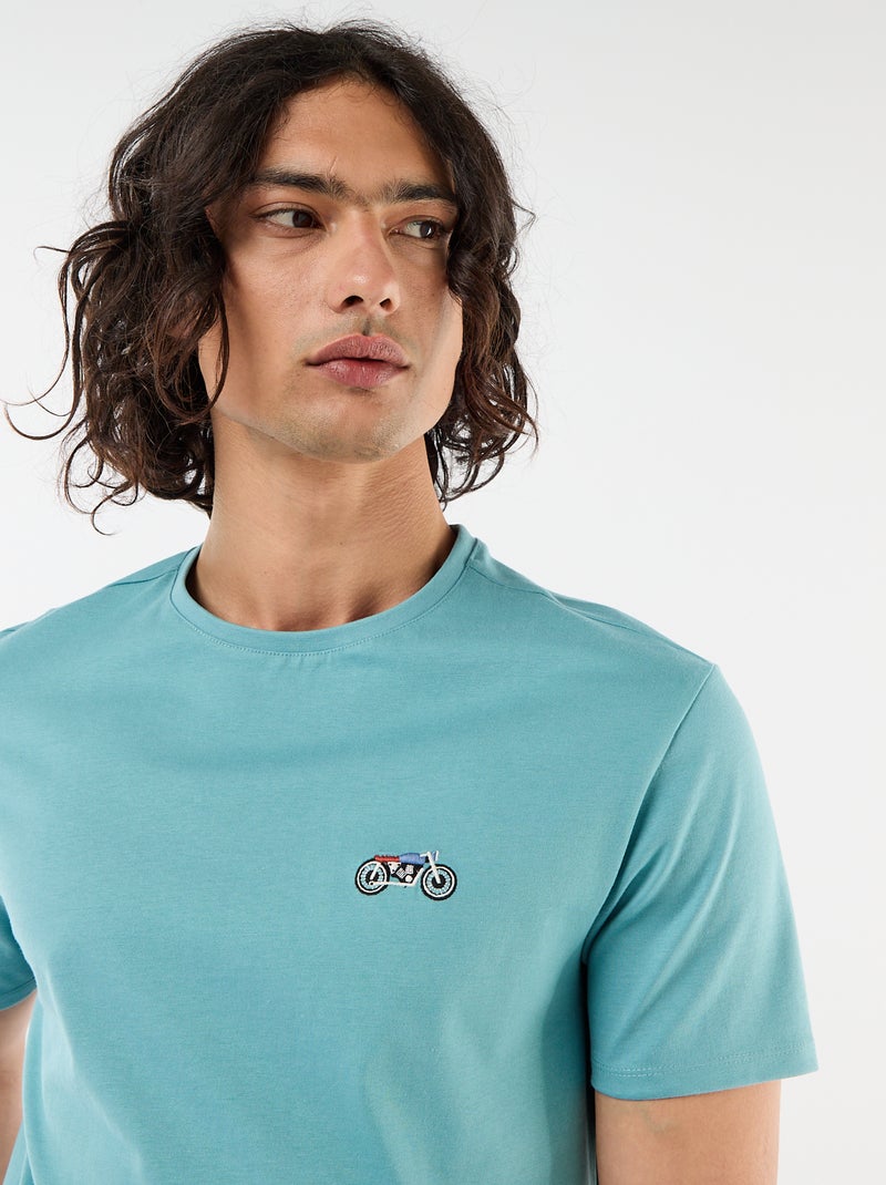 T-shirt uni à manches courtes avec broderie Bleu - Kiabi