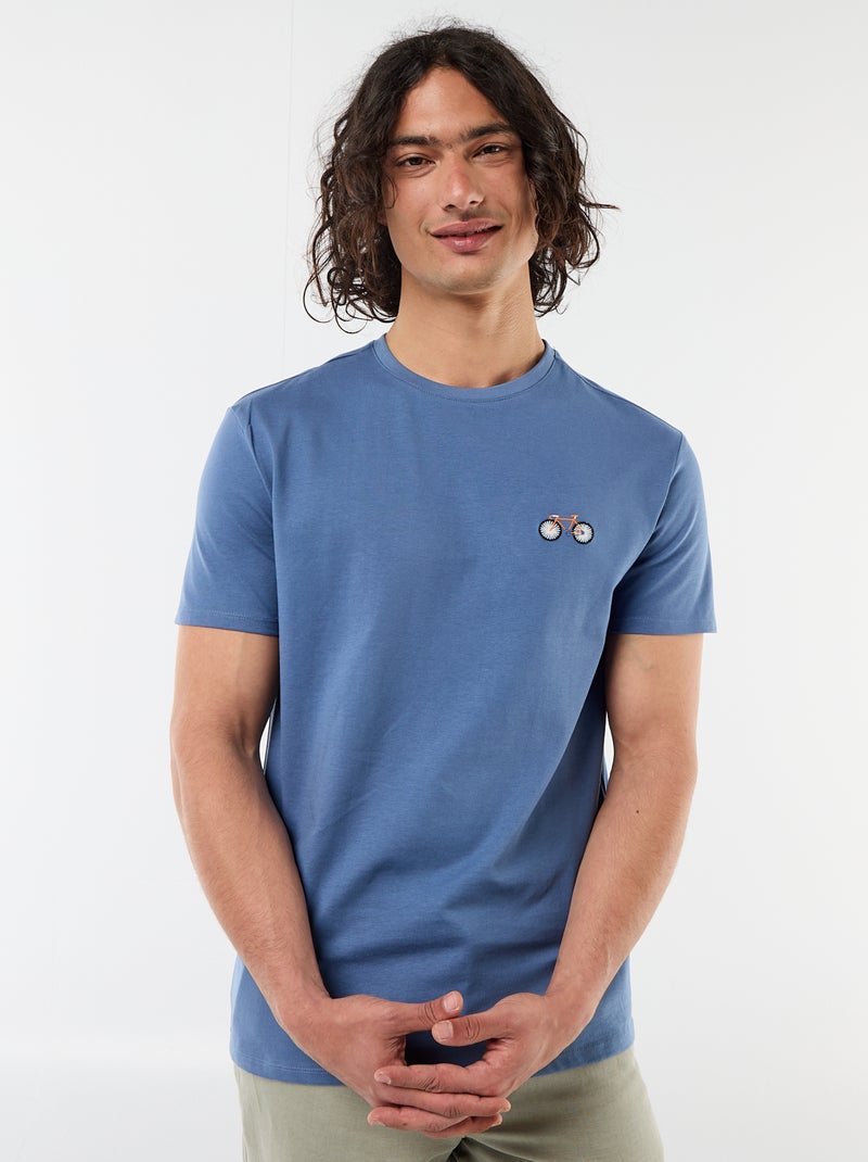 T-shirt uni à manches courtes avec broderie Bleu - Kiabi