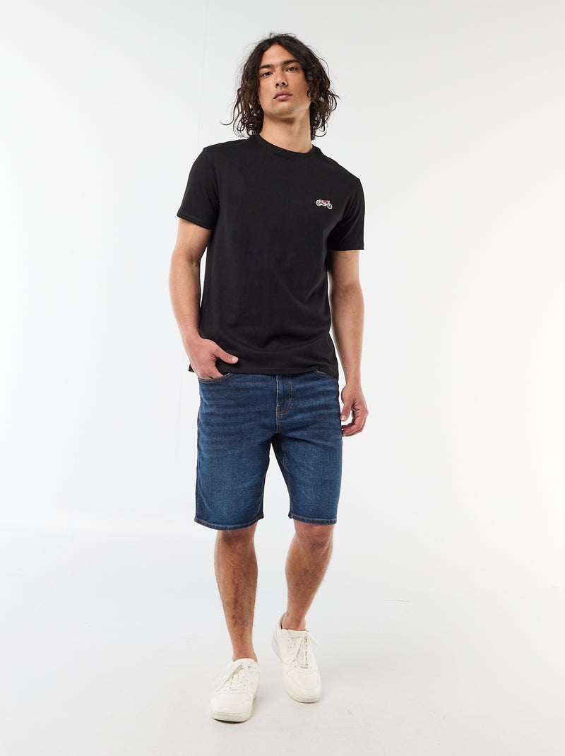 T-shirt uni à manches courtes avec broderie Noir - Kiabi