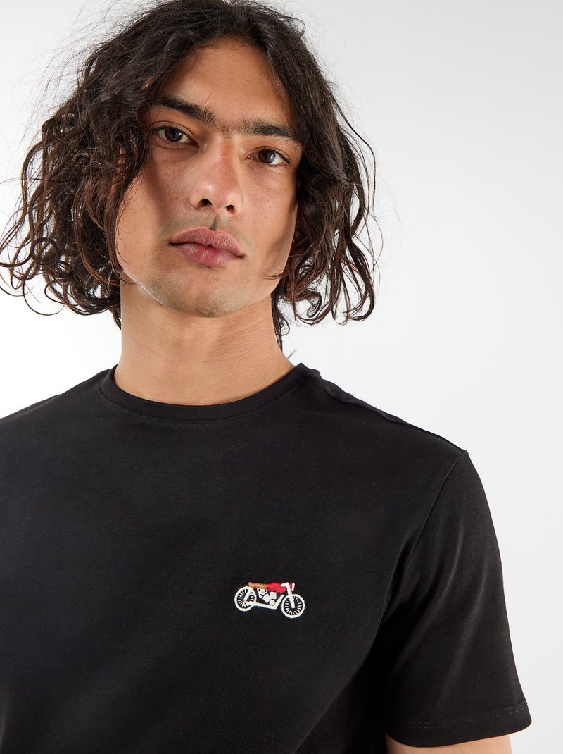 T-shirt uni à manches courtes avec broderie Noir - Kiabi