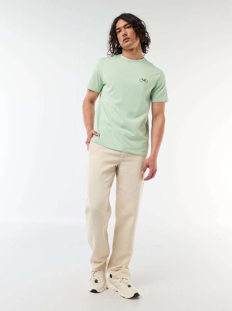 T-shirt uni à manches courtes avec broderie Vert - Kiabi