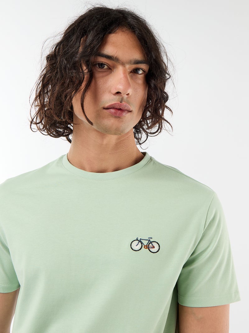 T-shirt uni à manches courtes avec broderie Vert - Kiabi