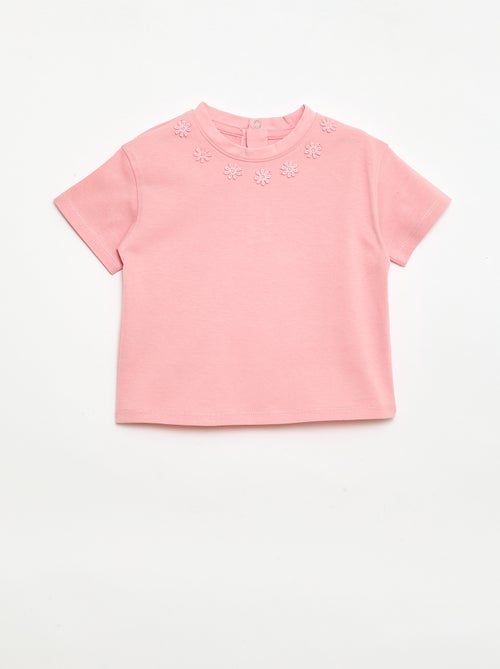 T-shirt uni avec fleurs fantaisies au col - Kiabi