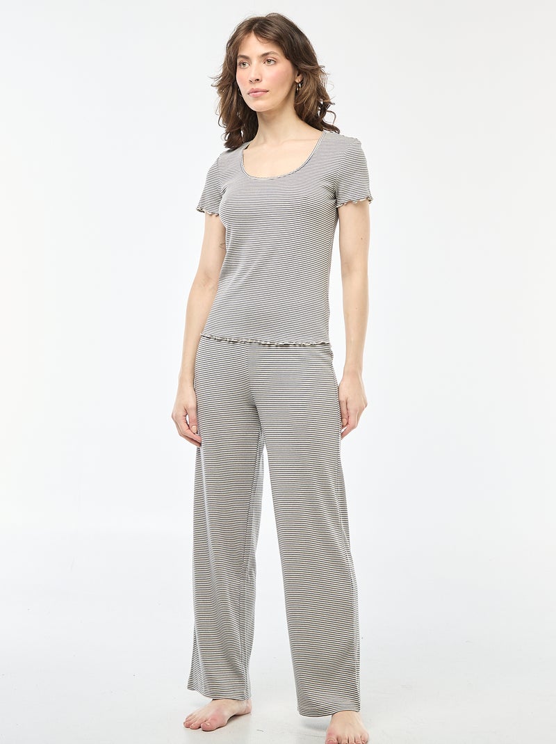 T-shirt uni en maille côtelé manches courtes Bleu - Kiabi