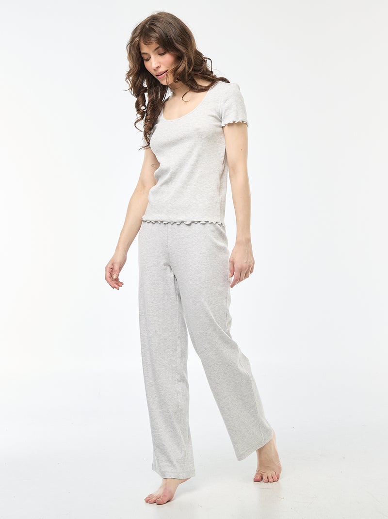 T-shirt uni en maille côtelé manches courtes Gris - Kiabi