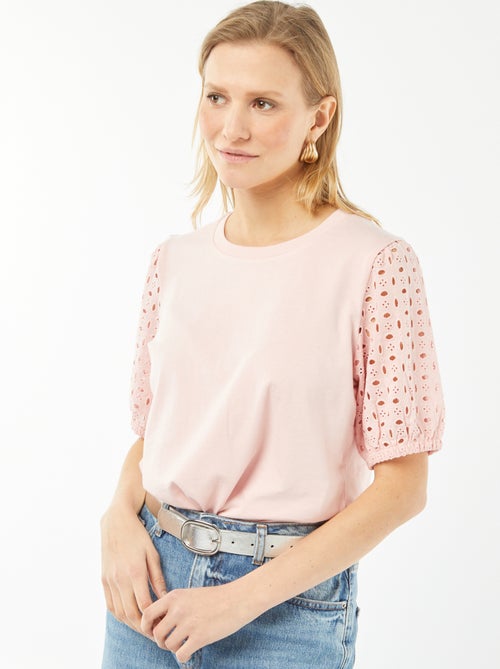 T-shirt uni manches courtes avec borderies anglaises - Kiabi