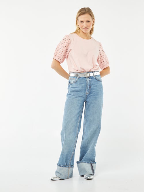 T-shirt uni manches courtes avec borderies anglaises - Kiabi