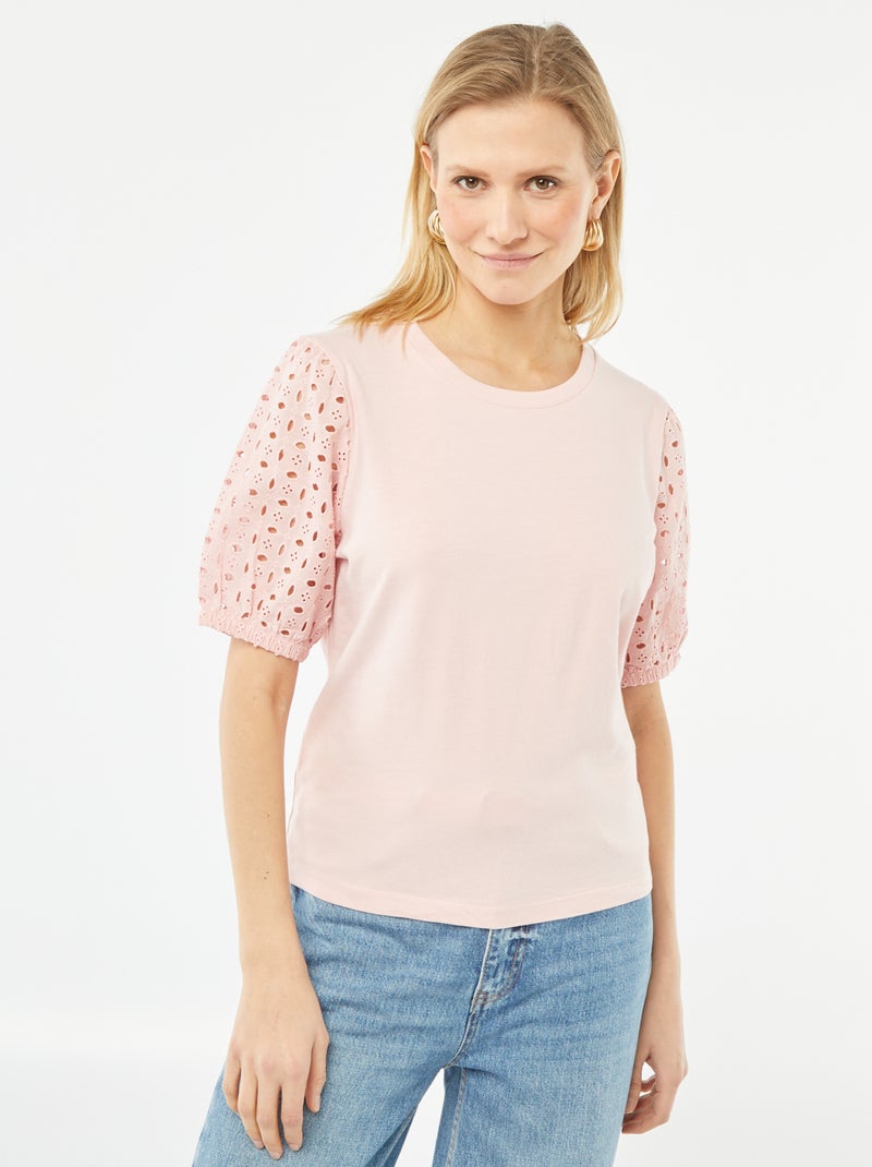 T-shirt uni manches courtes avec borderies anglaises Rose - Kiabi