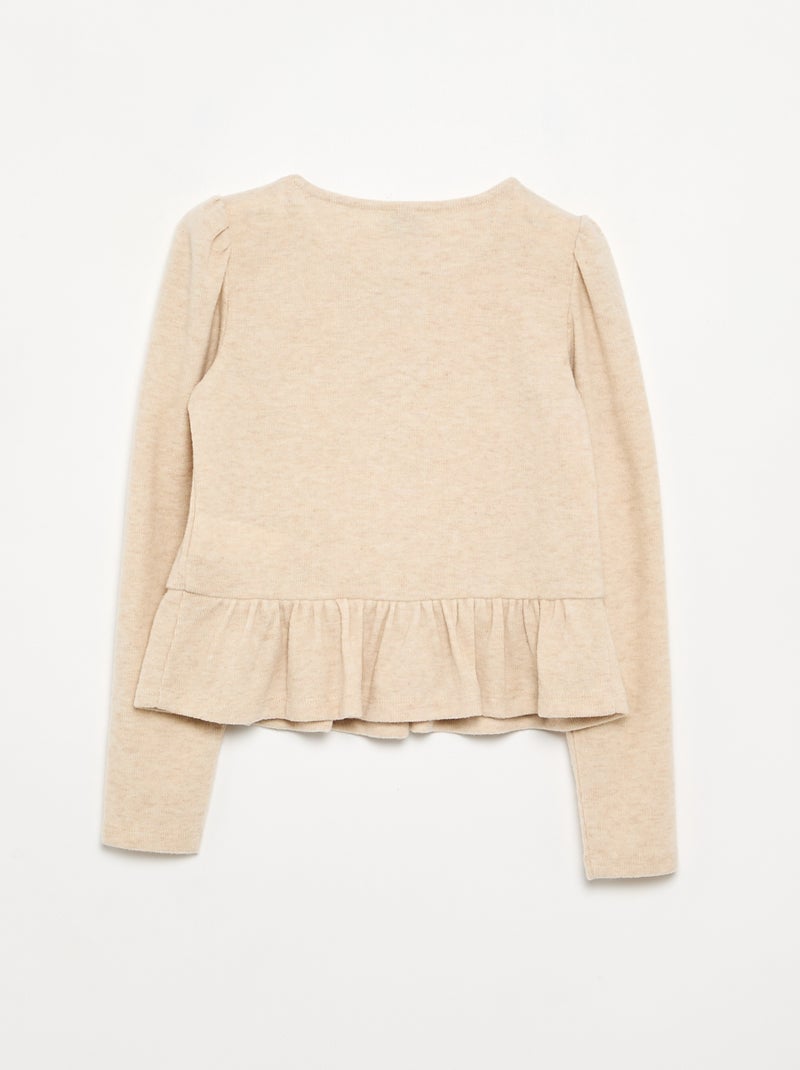 T-shirt with bows and ruffle at the hem Beige - Kiabi