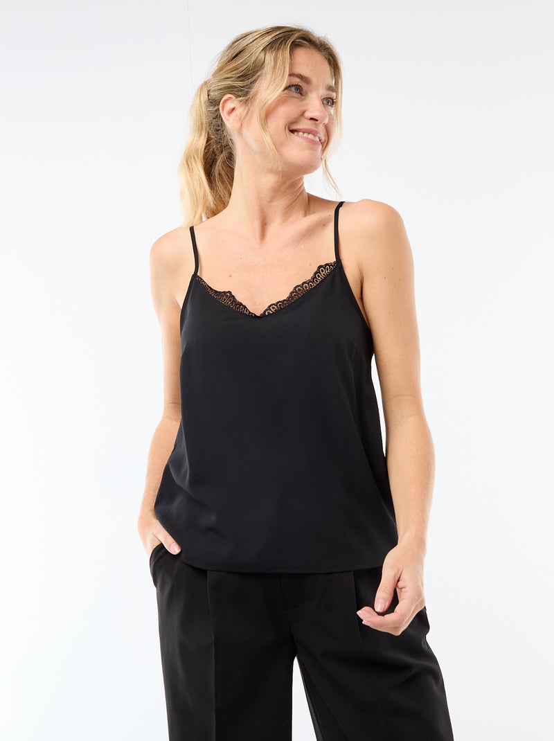 Tank top with thin adjustable straps and lace collar Black - Kiabi