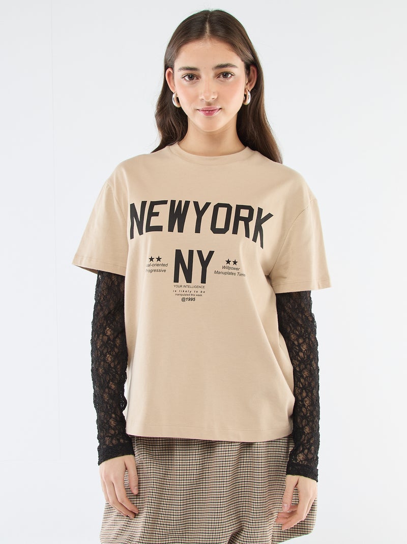 Tee-shirt 2-en-1 avec dentelle Beige - Kiabi