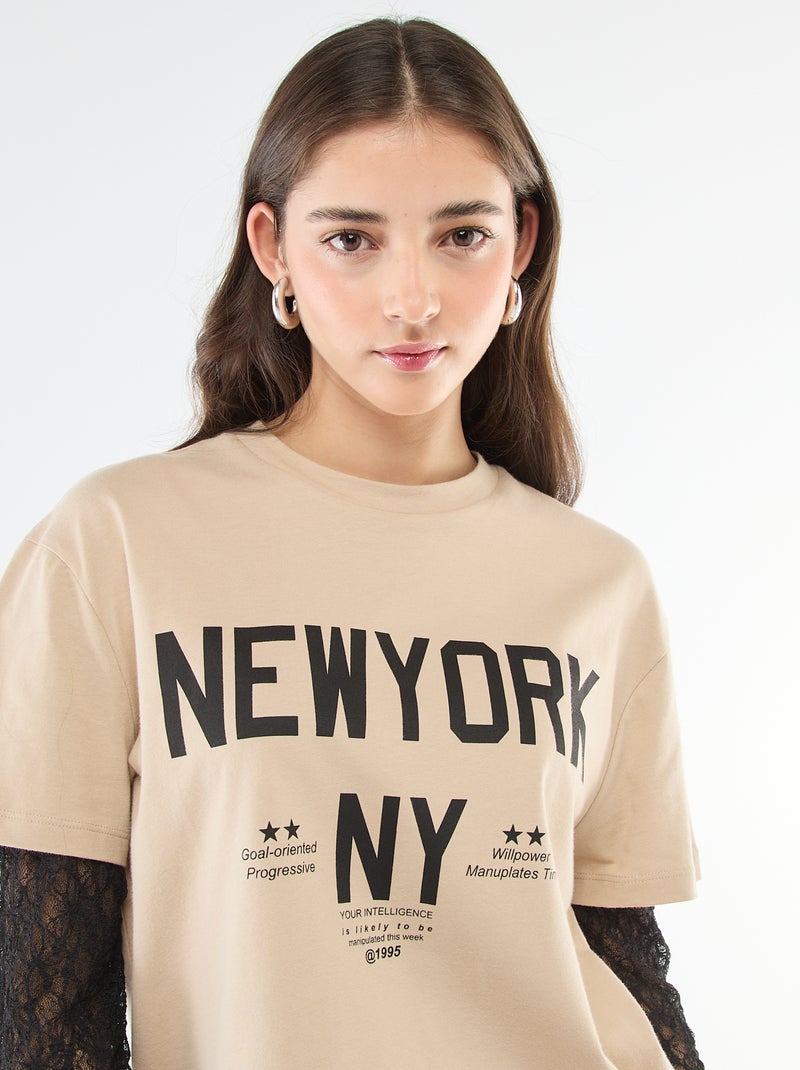 Tee-shirt 2-en-1 avec dentelle Beige - Kiabi