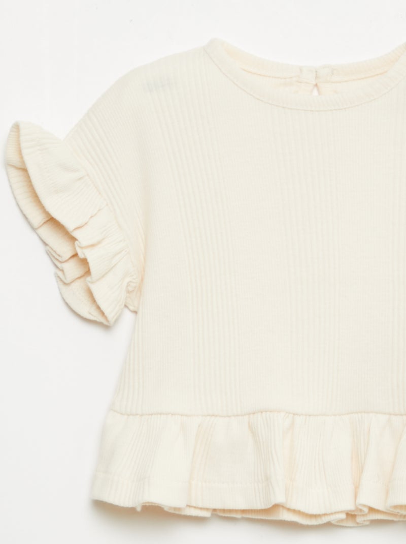 Tee-shirt côtelé avec bords volantés Beige - Kiabi