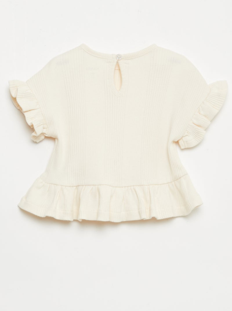 Tee-shirt côtelé avec bords volantés Beige - Kiabi