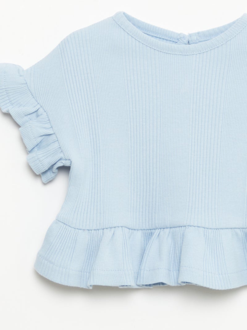 Tee-shirt côtelé avec bords volantés Bleu - Kiabi