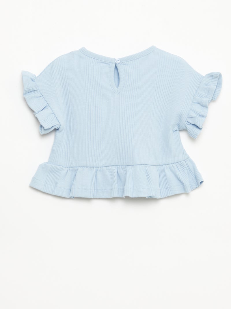 Tee-shirt côtelé avec bords volantés Bleu - Kiabi
