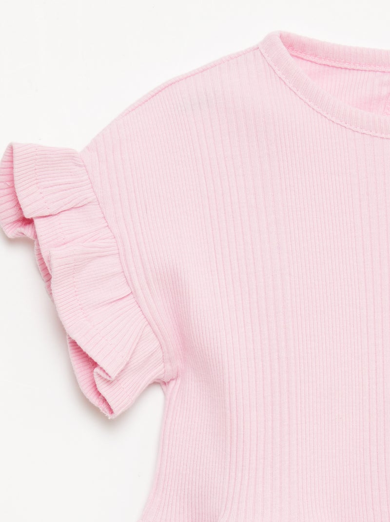 Tee-shirt côtelé avec bords volantés Rose - Kiabi