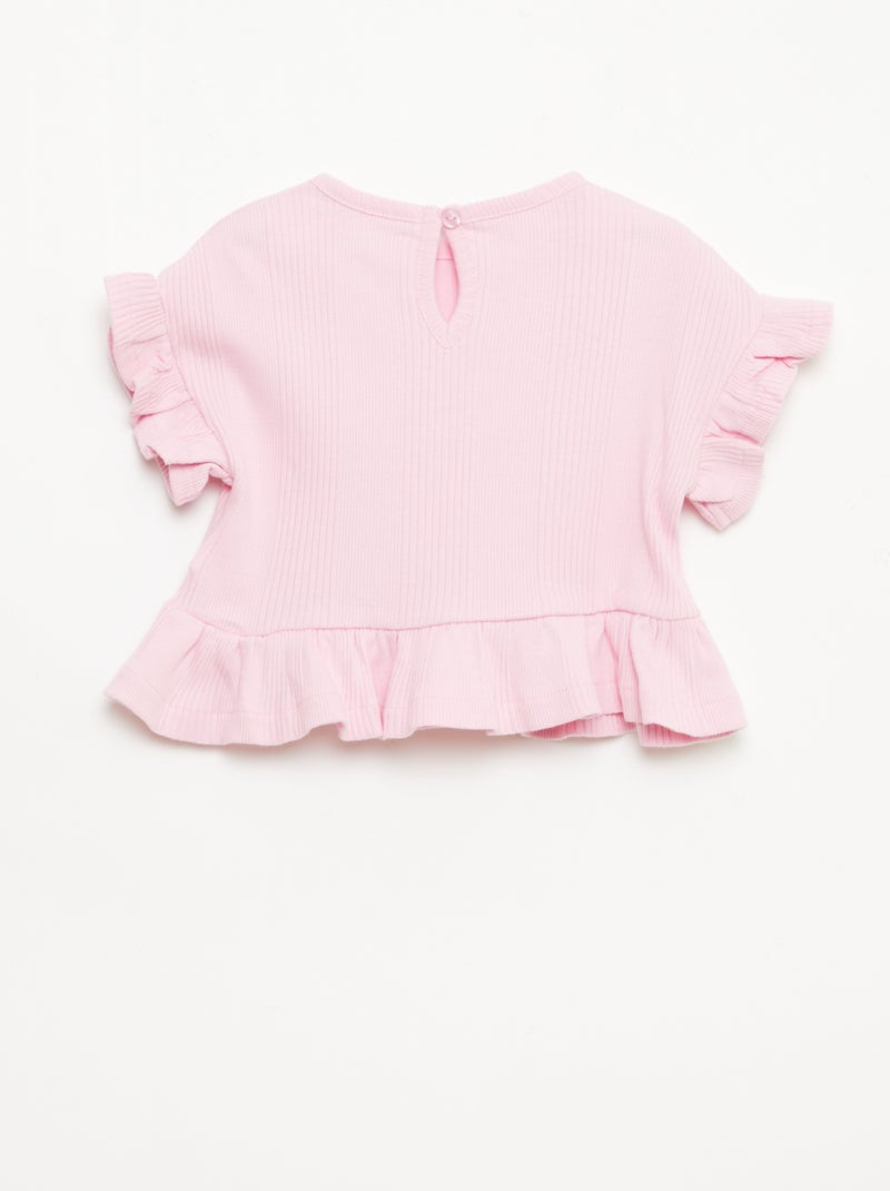 Tee-shirt côtelé avec bords volantés Rose - Kiabi
