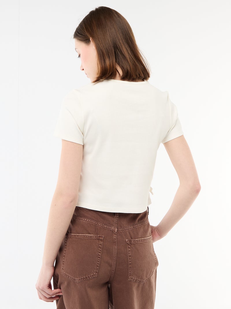 Tee-shirt cropped côtelé avec noeuds Blanc - Kiabi