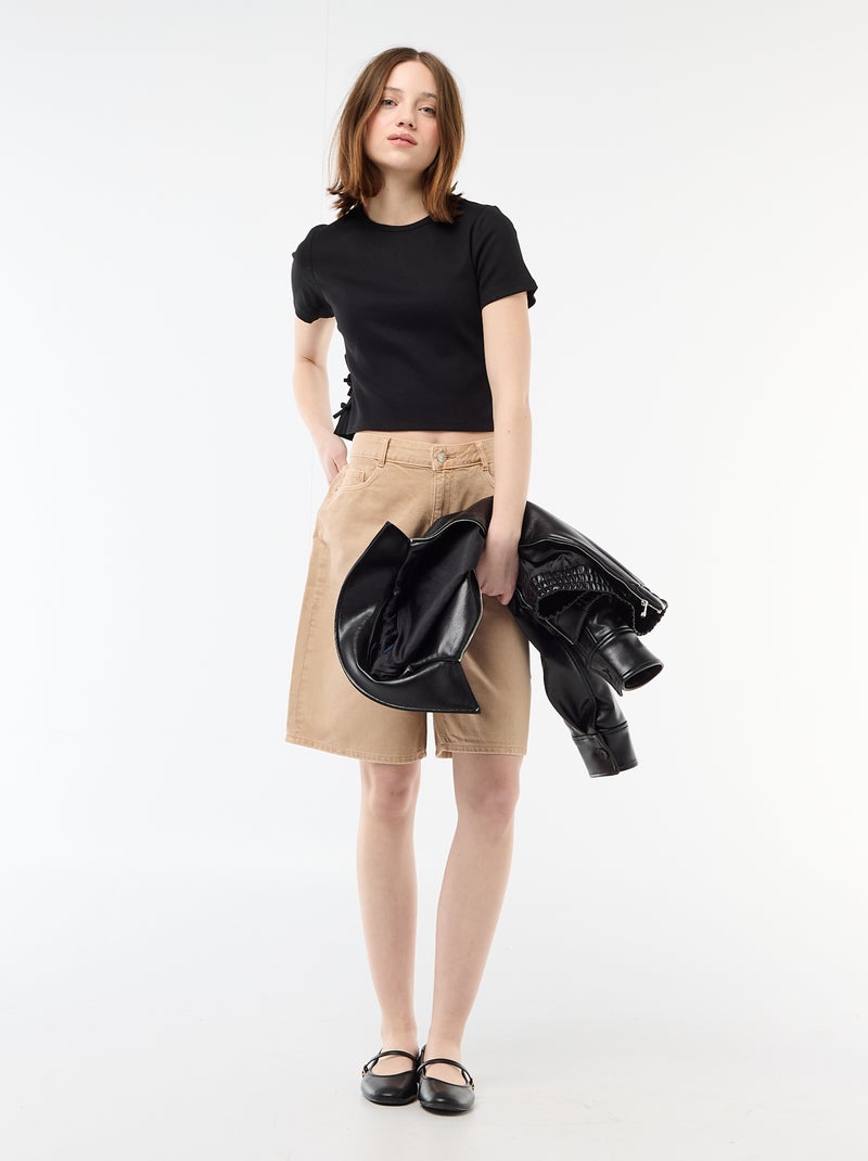 Tee-shirt cropped côtelé avec noeuds Noir - Kiabi